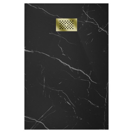 HD Marco+ Black Marble 80x100 SMC kompozit slim szögletes kőhatású zuhanytálca, arany színű ráccsal, 2,6 cm magas, szifon nélkül