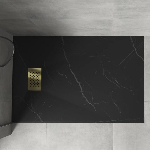 HD Marco+ Black Marble 80x100 SMC kompozit slim szögletes kőhatású zuhanytálca, arany színű ráccsal, 2,6 cm magas, szifon nélkül