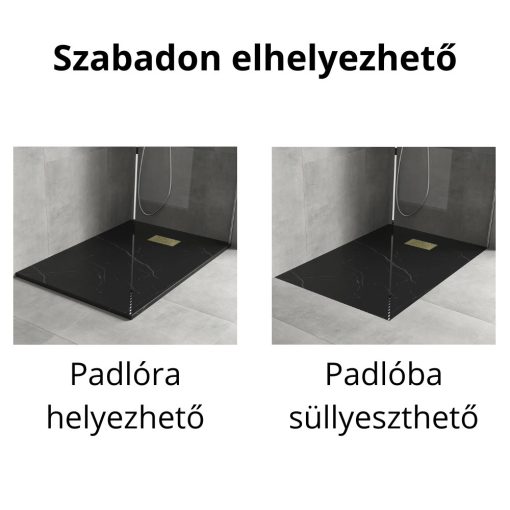 HD Marco+ Black Marble 80x100 SMC kompozit slim szögletes kőhatású zuhanytálca, arany színű ráccsal, 2,6 cm magas, szifon nélkül