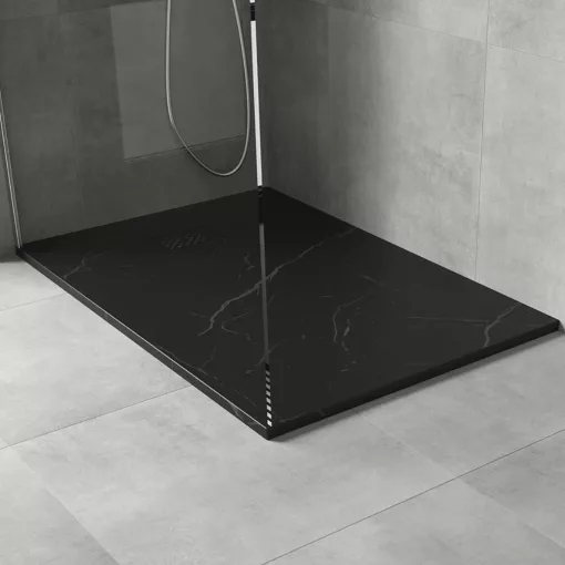 HD Marco+ Black Marble 80x100 SMC kompozit slim szögletes kőhatású zuhanytálca, fekete ráccsal, 2,6 cm magas, szifonnal