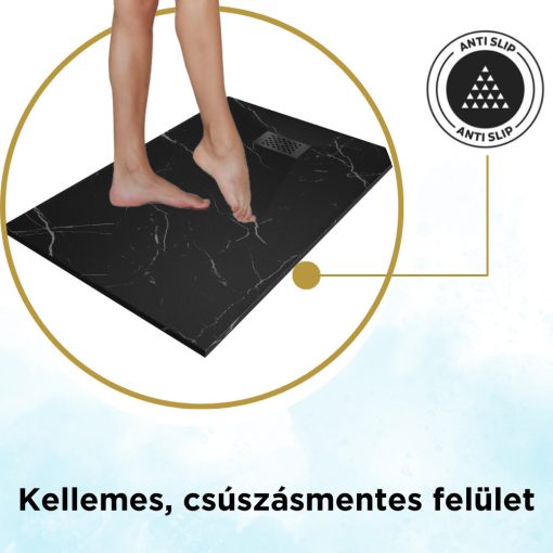 HD Marco+ Black Marble 80x100 SMC kompozit slim szögletes kőhatású zuhanytálca, fekete ráccsal, 2,6 cm magas, szifon nélkül