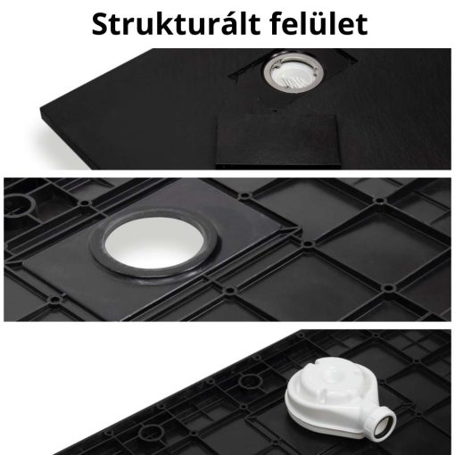 HD Marco+ Black Marble 80x100 SMC kompozit slim szögletes kőhatású zuhanytálca, fekete ráccsal, 2,6 cm magas, szifon nélkül
