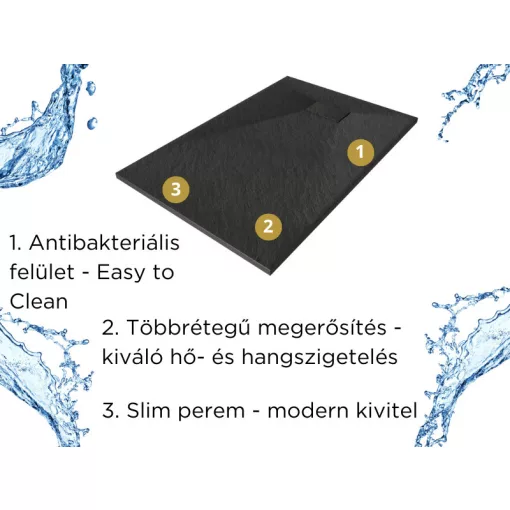 HD Marco Black 80x100 SMC kompozit slim szögletes kőhatású zuhanytálca, 2,6 cm magas, szifon nélkül