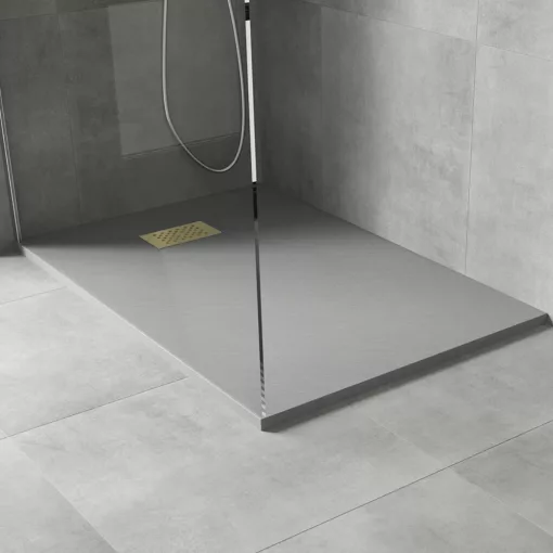 HD Marco+ Gray 80x100 SMC kompozit slim szögletes kőhatású zuhanytálca, arany színű ráccsal, 2,6 cm magas, szifon nélkül