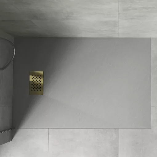 HD Marco+ Gray 80x100 SMC kompozit slim szögletes kőhatású zuhanytálca, arany színű ráccsal, 2,6 cm magas, szifon nélkül