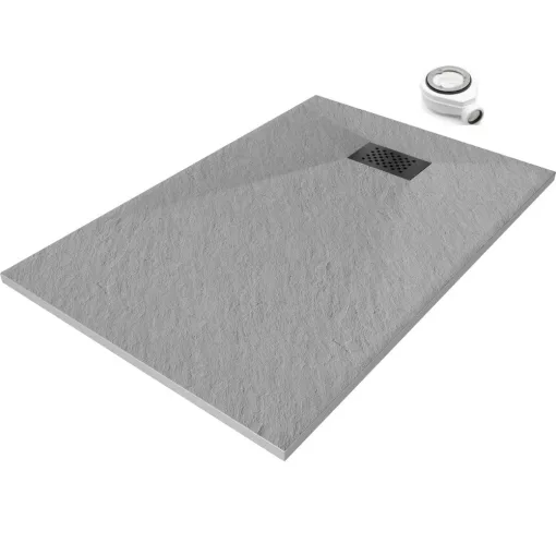 HD Marco+ Gray 80x100 SMC kompozit slim szögletes kőhatású zuhanytálca, fekete ráccsal, 2,6 cm magas, szifonnal