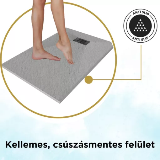 HD Marco+ Gray 80x100 SMC kompozit slim szögletes kőhatású zuhanytálca, fekete ráccsal, 2,6 cm magas, szifon nélkül