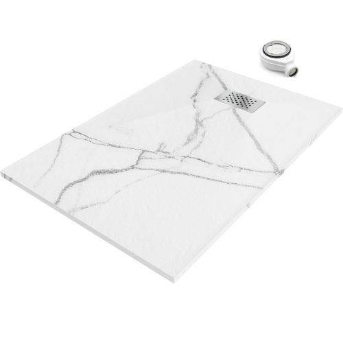 HD Marco+ White Marble 80x100 SMC kompozit slim szögletes kőhatású zuhanytálca, krómozott ráccsal, 2,6 cm magas, szifonnal