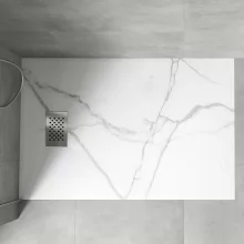 HD Marco+ White Marble 80x100 SMC kompozit slim szögletes kőhatású zuhanytálca, krómozott ráccsal, 2,6 cm magas, szifonnal