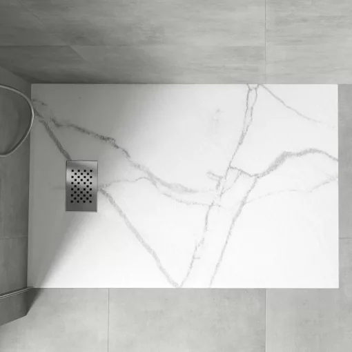 HD Marco+ White Marble 80x100 SMC kompozit slim szögletes kőhatású zuhanytálca, krómozott ráccsal, 2,6 cm magas, szifonnal