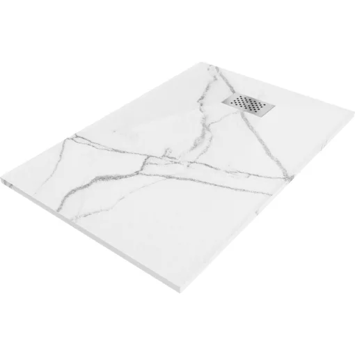 HD Marco+ White Marble 80x100 SMC kompozit slim szögletes kőhatású zuhanytálca, krómozott ráccsal, 2,6 cm magas, szifon nélkül