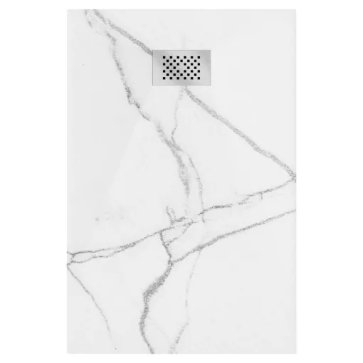 HD Marco+ White Marble 80x100 SMC kompozit slim szögletes kőhatású zuhanytálca, krómozott ráccsal, 2,6 cm magas, szifon nélkül