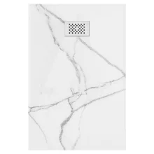 HD Marco+ White Marble 80x100 SMC kompozit slim szögletes kőhatású zuhanytálca, fehér ráccsal, 2,6 cm magas, szifonnal