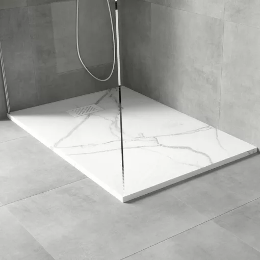 HD Marco+ White Marble 80x100 SMC kompozit slim szögletes kőhatású zuhanytálca, fehér ráccsal, 2,6 cm magas, szifonnal