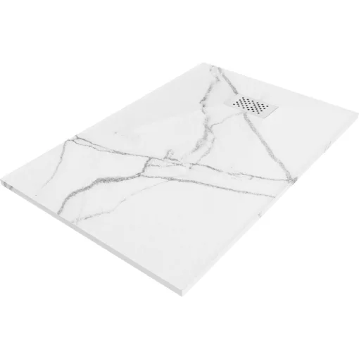 HD Marco+ White Marble 80x100 SMC kompozit slim szögletes kőhatású zuhanytálca, fehér ráccsal, 2,6 cm magas, szifon nélkül