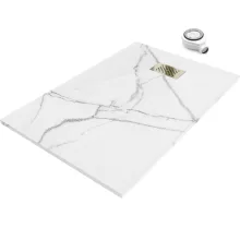 HD Marco+ White Marble 80x100 SMC kompozit slim szögletes kőhatású zuhanytálca, arany színű ráccsal, 2,6 cm magas, szifonnal