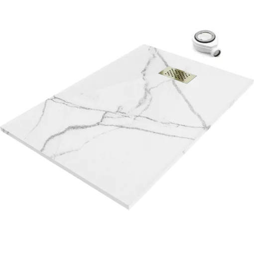 HD Marco+ White Marble 80x100 SMC kompozit slim szögletes kőhatású zuhanytálca, arany színű ráccsal, 2,6 cm magas, szifonnal