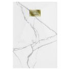 HD Marco+ White Marble 80x100 SMC kompozit slim szögletes kőhatású zuhanytálca, arany színű ráccsal, 2,6 cm magas, szifonnal