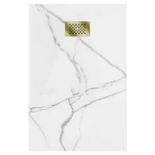 HD Marco+ White Marble 80x100 SMC kompozit slim szögletes kőhatású zuhanytálca, arany színű ráccsal, 2,6 cm magas, szifonnal