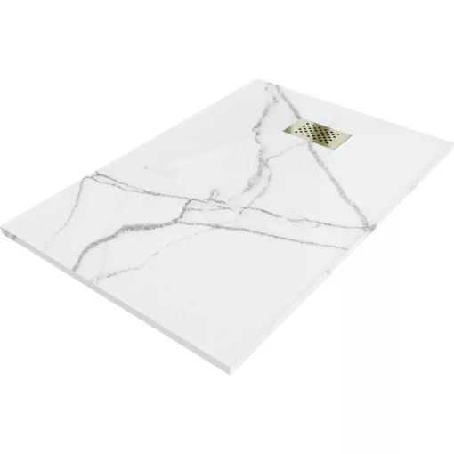 HD Marco+ White Marble 80x100 SMC kompozit slim szögletes kőhatású zuhanytálca, arany színű ráccsal, 2,6 cm magas, szifon nélkül