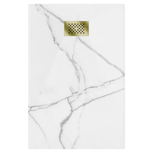HD Marco+ White Marble 80x100 SMC kompozit slim szögletes kőhatású zuhanytálca, arany színű ráccsal, 2,6 cm magas, szifon nélkül