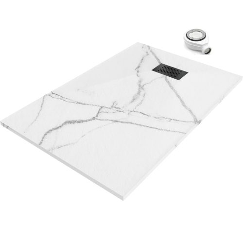 HD Marco+ White Marble 80x100 SMC kompozit slim szögletes kőhatású zuhanytálca, fekete ráccsal, 2,6 cm magas, szifonnal