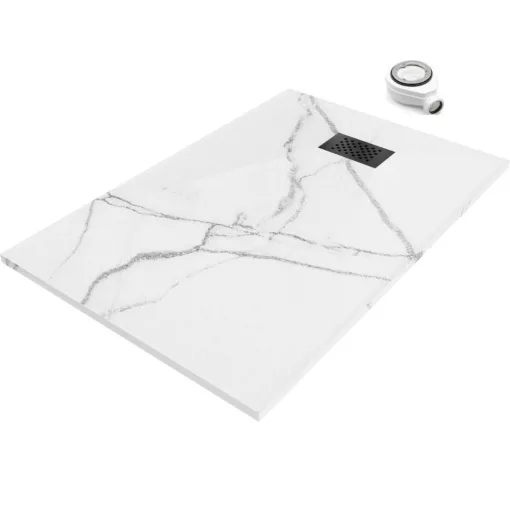 HD Marco+ White Marble 80x100 SMC kompozit slim szögletes kőhatású zuhanytálca, fekete ráccsal, 2,6 cm magas, szifonnal