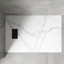 HD Marco+ White Marble 80x100 SMC kompozit slim szögletes kőhatású zuhanytálca, fekete ráccsal, 2,6 cm magas, szifonnal