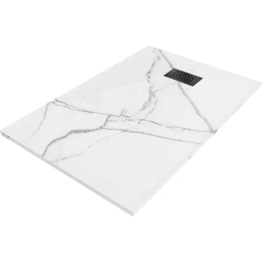 HD Marco+ White Marble 80x100 SMC kompozit slim szögletes kőhatású zuhanytálca, fekete ráccsal, 2,6 cm magas, szifon nélkül