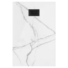 HD Marco+ White Marble 80x100 SMC kompozit slim szögletes kőhatású zuhanytálca, fekete ráccsal, 2,6 cm magas, szifon nélkül