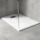 HD Marco+ White Marble 80x100 SMC kompozit slim szögletes kőhatású zuhanytálca, fekete ráccsal, 2,6 cm magas, szifon nélkül