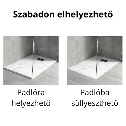 HD Marco+ White Marble 80x100 SMC kompozit slim szögletes kőhatású zuhanytálca, fekete ráccsal, 2,6 cm magas, szifon nélkül