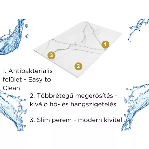 HD Marco White Marble 80x100 SMC kompozit slim szögletes kőhatású zuhanytálca, 2,6 cm magas, szifon nélkül
