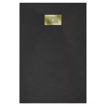 HD Marco+ Black 80x100 SMC kompozit magasított szögletes kőhatású zuhanytálca, arany színű ráccsal, 15 cm magas, szifonnal