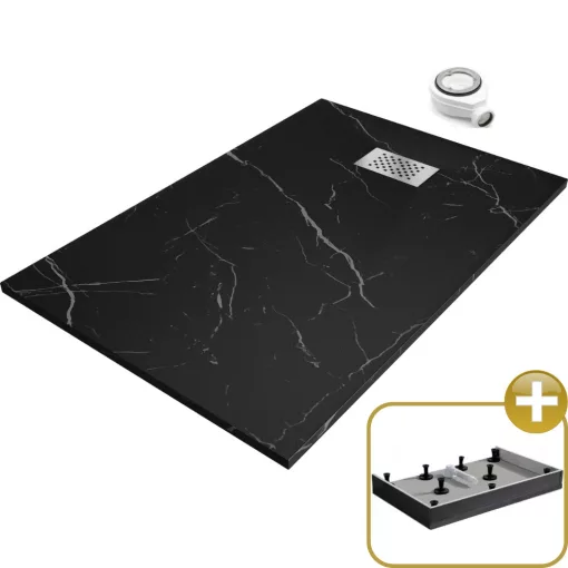 HD Marco+ Black Marble 80x100 SMC kompozit magasított szögletes kőhatású zuhanytálca, krómozott ráccsal, 15 cm magas, szifonnal