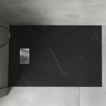 HD Marco+ Black Marble 80x100 SMC kompozit magasított szögletes kőhatású zuhanytálca, krómozott ráccsal, 15 cm magas, szifon nélkül