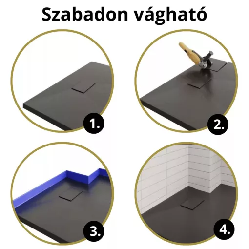 HD Marco+ Black Marble 80x100 SMC kompozit magasított szögletes kőhatású zuhanytálca, krómozott ráccsal, 15 cm magas, szifon nélkül