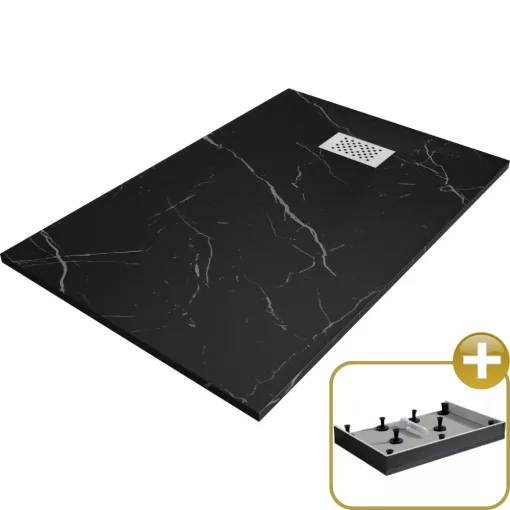 HD Marco+ Black Marble 80x100 SMC kompozit magasított szögletes kőhatású zuhanytálca, fehér ráccsal, 15 cm magas, szifon nélkül