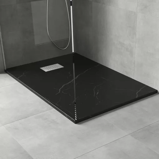HD Marco+ Black Marble 80x100 SMC kompozit magasított szögletes kőhatású zuhanytálca, fehér ráccsal, 15 cm magas, szifon nélkül