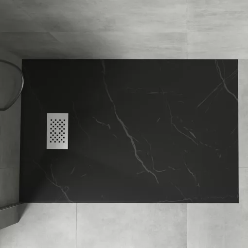 HD Marco+ Black Marble 80x100 SMC kompozit magasított szögletes kőhatású zuhanytálca, fehér ráccsal, 15 cm magas, szifon nélkül