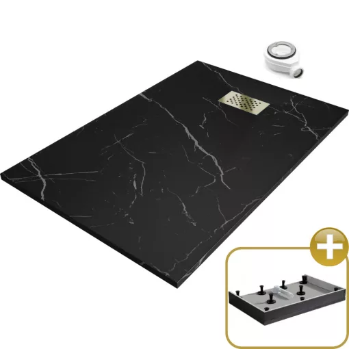 HD Marco+ Black Marble 80x100 SMC kompozit magasított szögletes kőhatású zuhanytálca, arany színű ráccsal, 15 cm magas, szifonnal