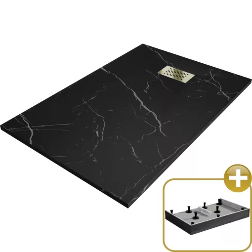 HD Marco+ Black Marble 80x100 SMC kompozit magasított szögletes kőhatású zuhanytálca, arany színű ráccsal, 15 cm magas, szifon nélkül