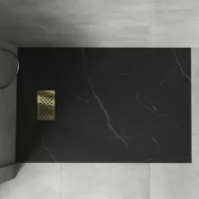 HD Marco+ Black Marble 80x100 SMC kompozit magasított szögletes kőhatású zuhanytálca, arany színű ráccsal, 15 cm magas, szifon nélkül