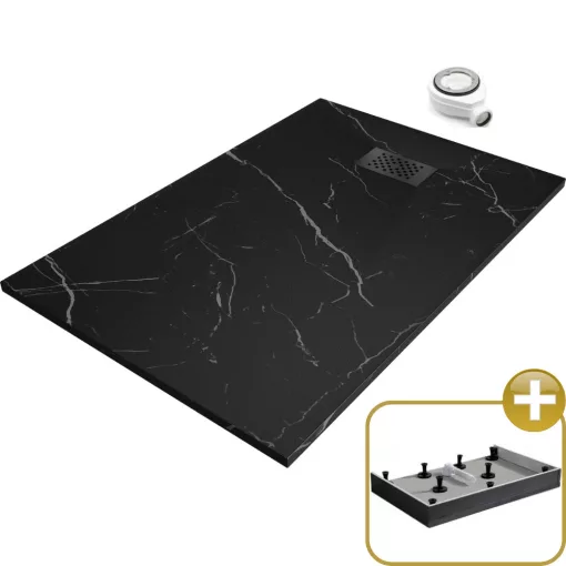 HD Marco+ Black Marble 80x100 SMC kompozit magasított szögletes kőhatású zuhanytálca, fekete ráccsal, 15 cm magas, szifonnal