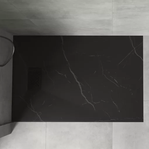 HD Marco+ Black Marble 80x100 SMC kompozit magasított szögletes kőhatású zuhanytálca, fekete ráccsal, 15 cm magas, szifonnal