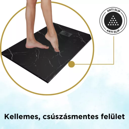 HD Marco+ Black Marble 80x100 SMC kompozit magasított szögletes kőhatású zuhanytálca, fekete ráccsal, 15 cm magas, szifon nélkül