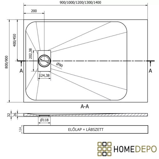 HD Marco Black Marble 80x100 SMC kompozit magasított szögletes kőhatású zuhanytálca, 15 cm magas, szifonnal
