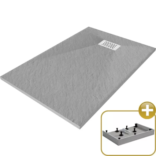 HD Marco+ Gray 80x100 SMC kompozit magasított szögletes kőhatású zuhanytálca, fehér ráccsal, 15 cm magas, szifon nélkül