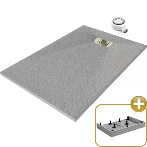 HD Marco+ Gray 80x100 SMC kompozit magasított szögletes kőhatású zuhanytálca, arany színű ráccsal, 15 cm magas, szifonnal