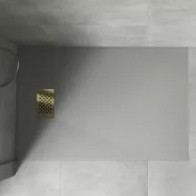 HD Marco+ Gray 80x100 SMC kompozit magasított szögletes kőhatású zuhanytálca, arany színű ráccsal, 15 cm magas, szifonnal